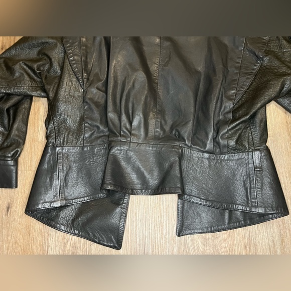 Vintage Womens Black Leather Jacket Puff Sleeve Padded Shoulder Saint Denis L 10 - Picture 7 of 9